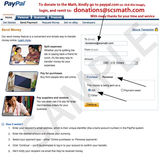 Donations via PayPal.com and send to donations--at--scsmath.com